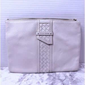 Cole Haan White Pebbled Leather Zippered Clutch Bag Purse Braided Belt Detail